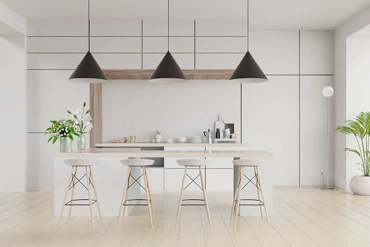 white kitchen with three big black ceiling lamps
