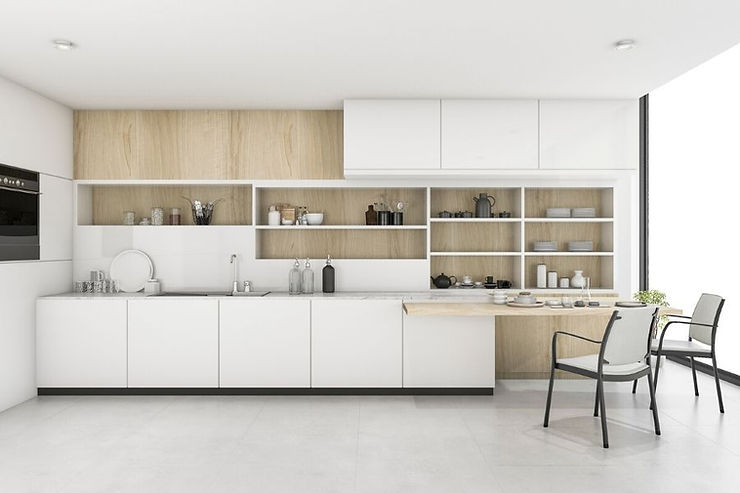 minimalist kitchen in white and natural wood with table