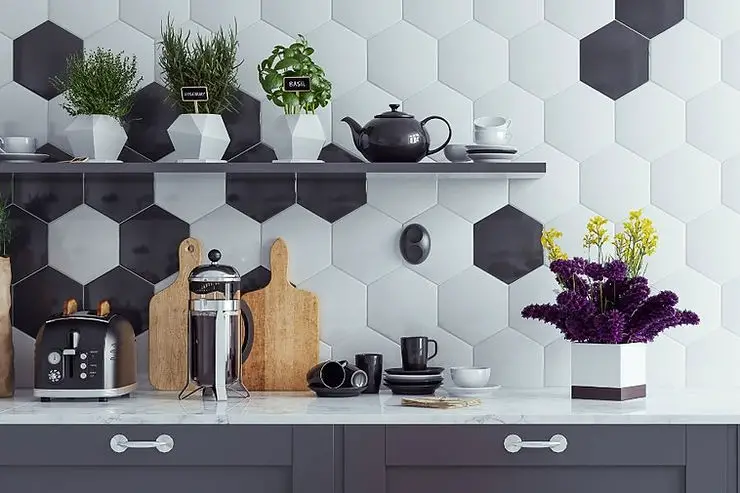 minimalist kitchen hexagon modern black white tiles