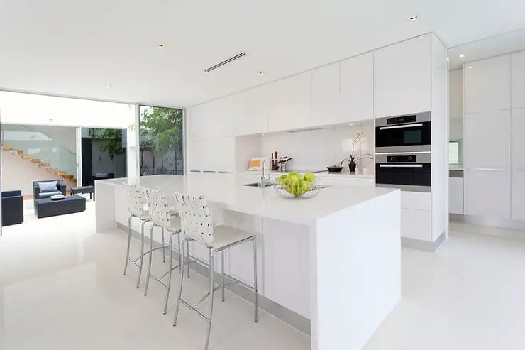 minimalist kitchen all white floor and cabinets