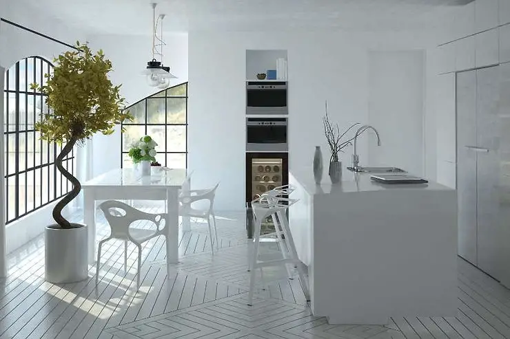 minimalist kitchen artistic tree and furniture