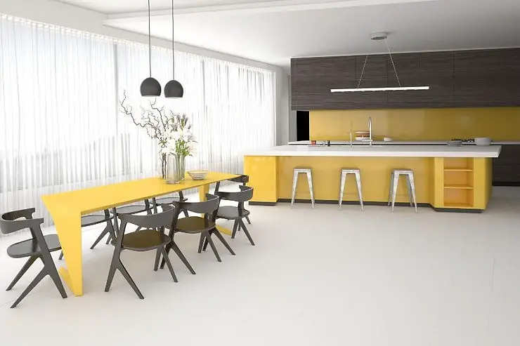 minimalist kitchen yellow brown wood