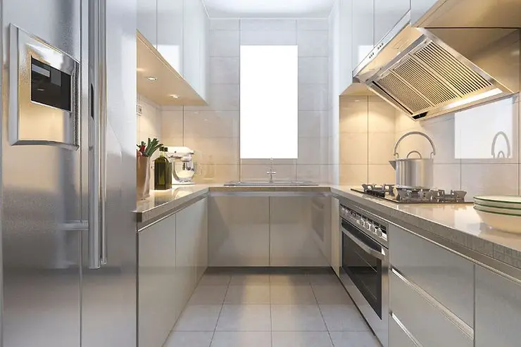 minimalist kitchen narrow white and silver kitchen