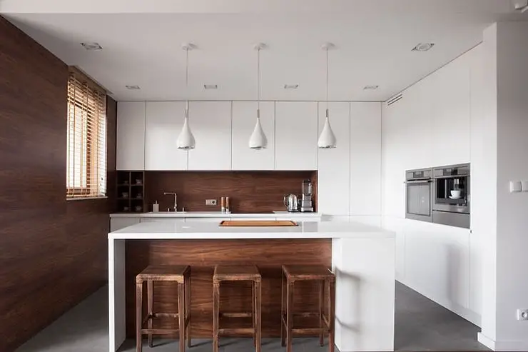 minimalist kitchen white cabinets and wood walls