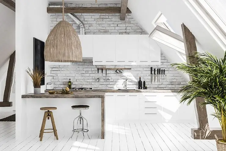 minimalist kitchen with rustic wicker lamp beach