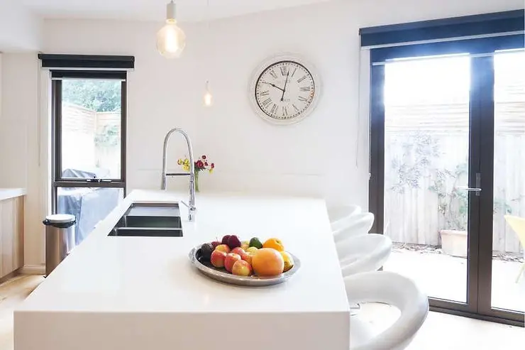 minimalist kitchen big white island