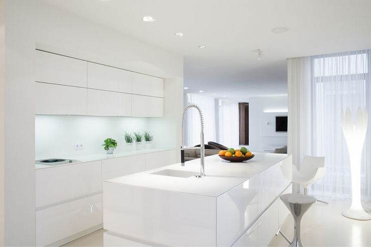 minimalist kitchen shiny white futuristic