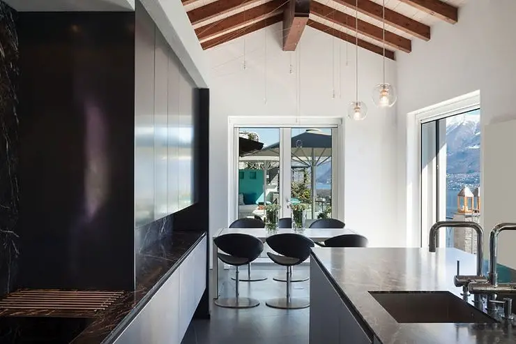 kitchen elegant black kitchen with ceiling beam and seaside