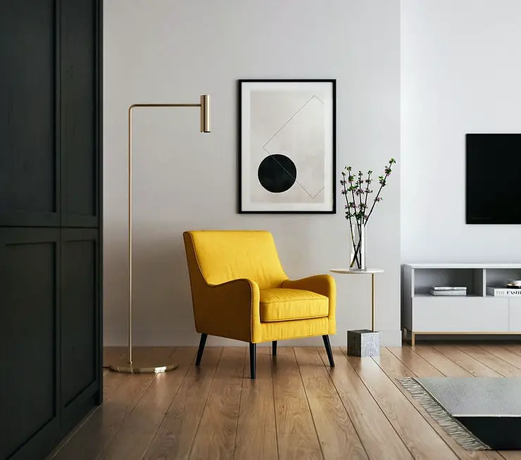 minimalist japandi living room in black and yellow