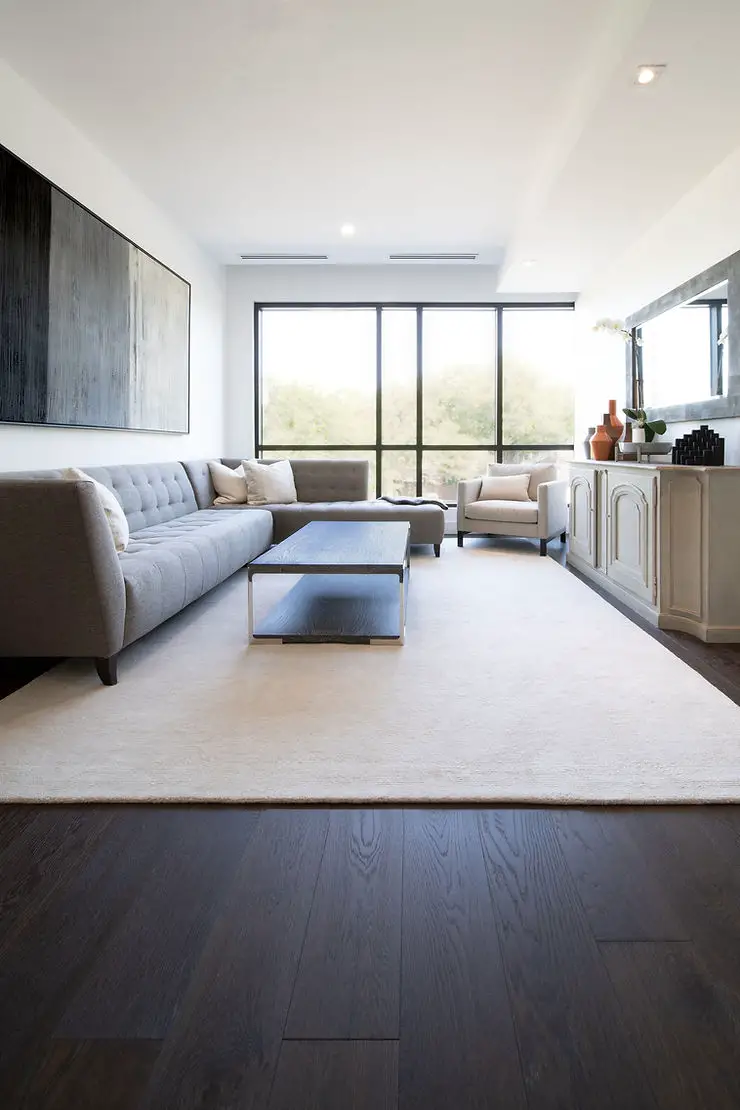 minimalist modern apartment grey sofa and cream area rug