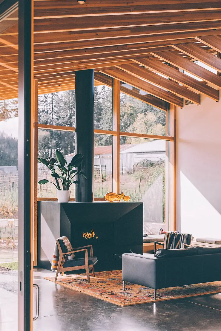 minimalist scandi wooden cabin with glass windows and black sofa and chimney