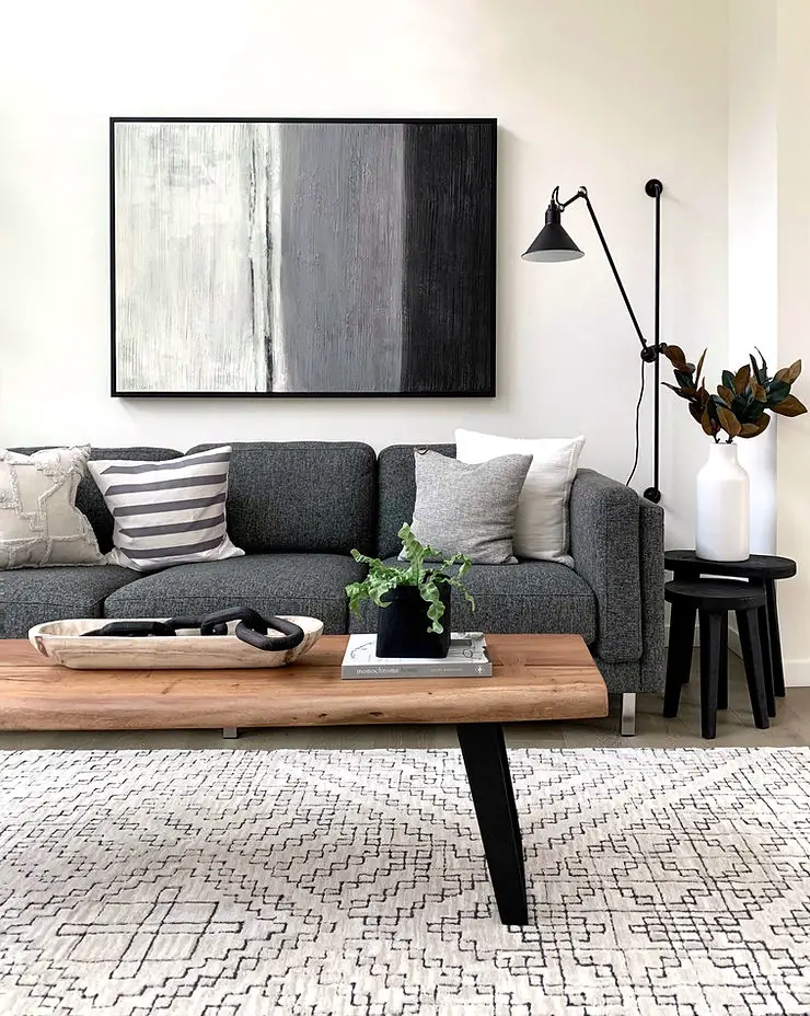 minimalist living room grey and black geometric area rug