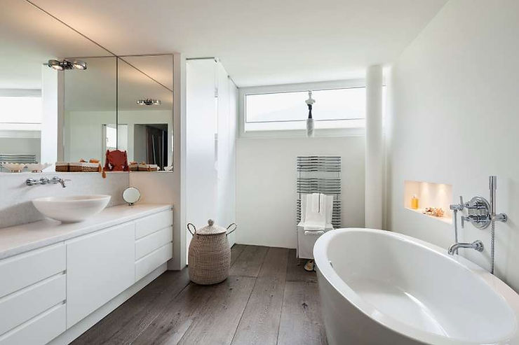 white minimalist bathroom with wooden floor design tips