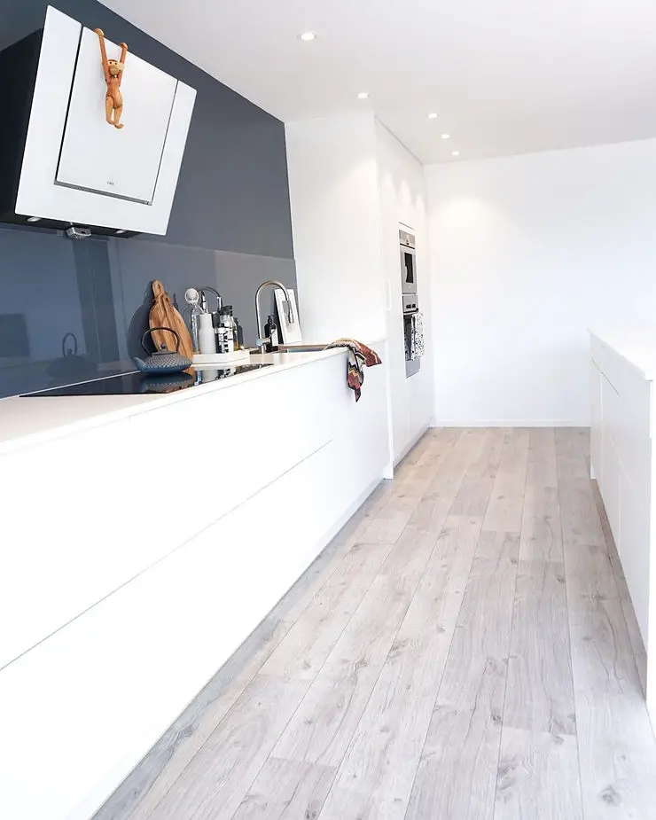 minimalist kitchen with navy blue accents