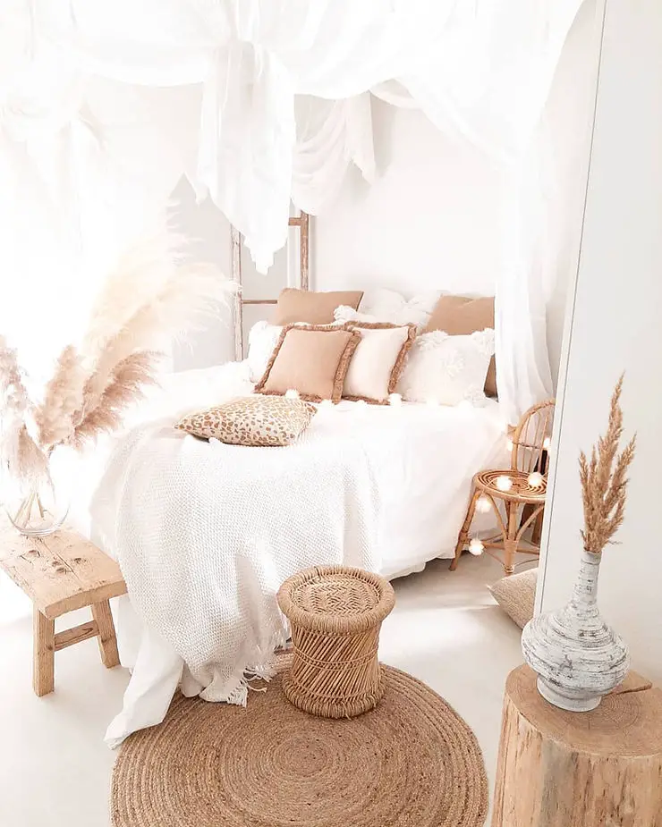 boho minimalist bedroom with wicker furniture